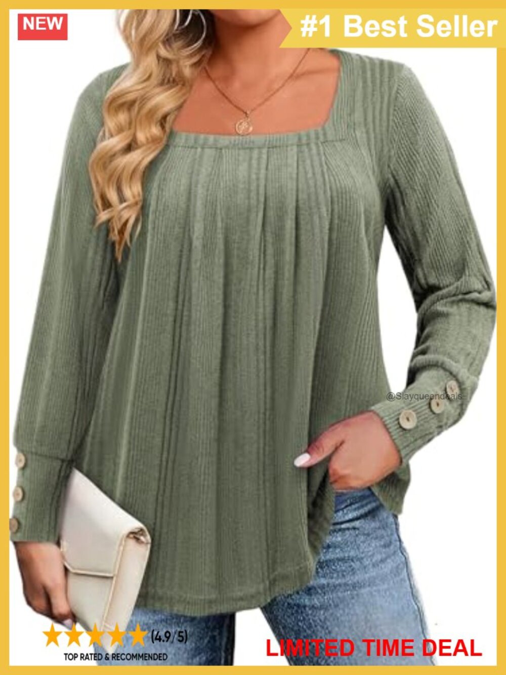 Plus Size Puff Long Sleeve Square Neck Knit Tunic Sweater